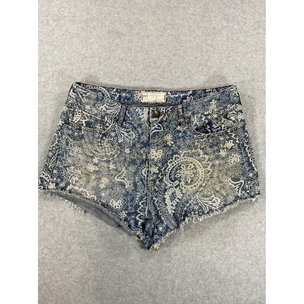 Free People Paisley Print Denim Cut Off Shorts Blue Cream Size 30 Boho 2690